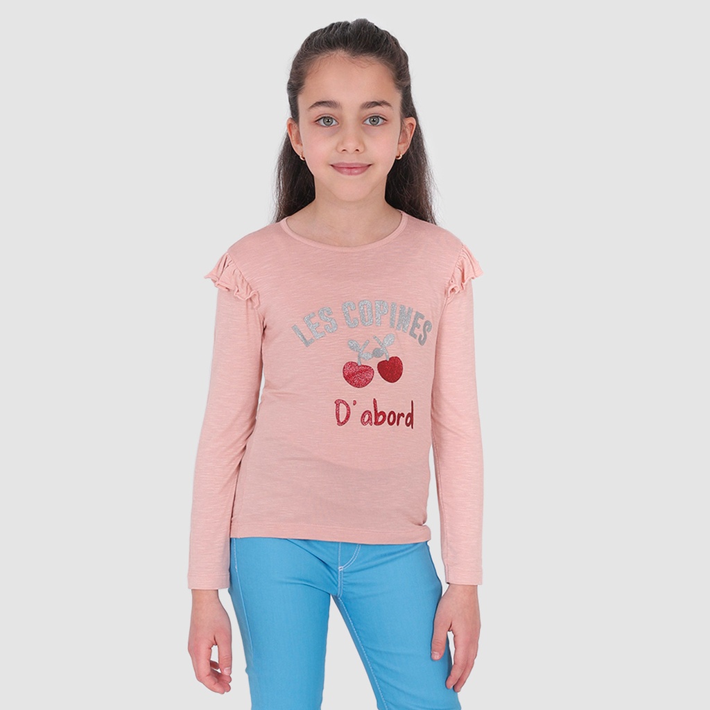 T shirt fille manches longues avec volant et paillettes LES