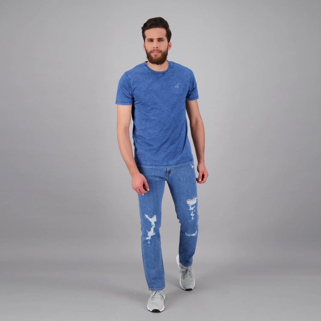 T-shirt homme manches courtes indigo délavé avec broderie