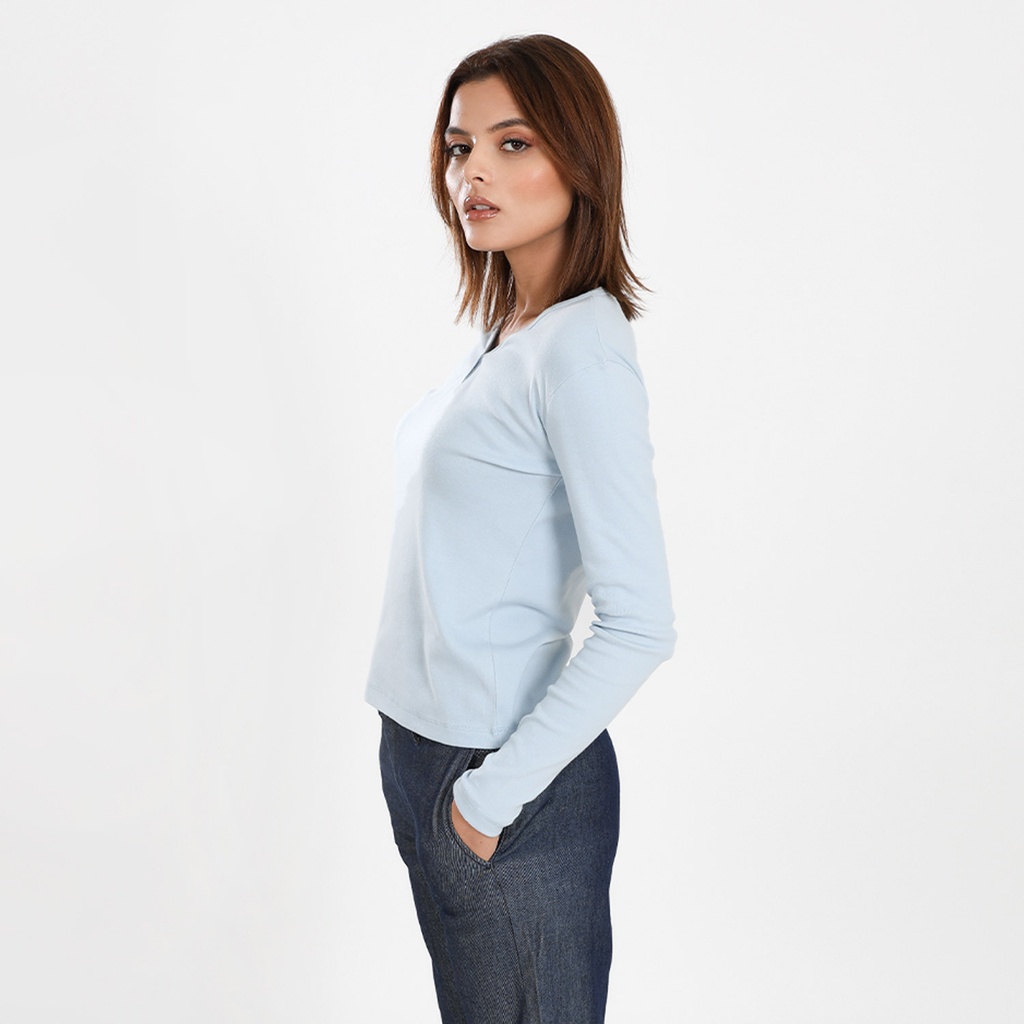 T-shirt côtelé femme manches longues col v avec patte de boutonnage