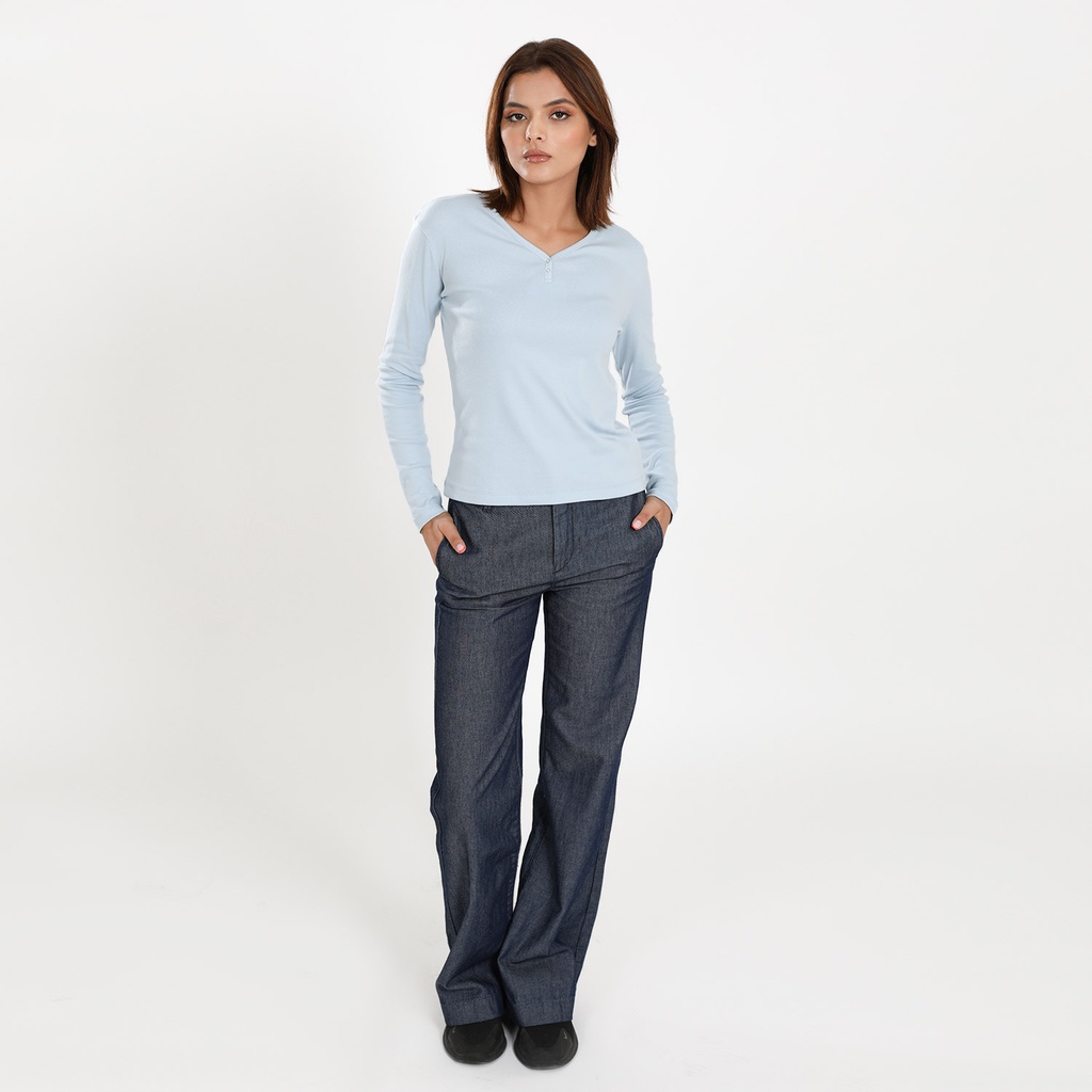 T-shirt côtelé femme manches longues col v avec patte de boutonnage