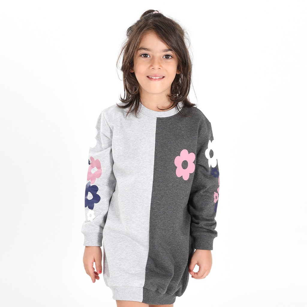 Robe sweat fille bi-couleur FLEURS