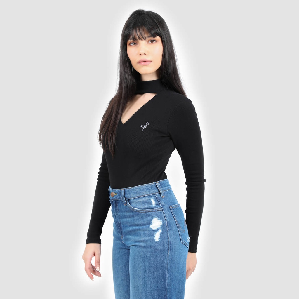 Body côtelé femme manches longues avec détail cut out