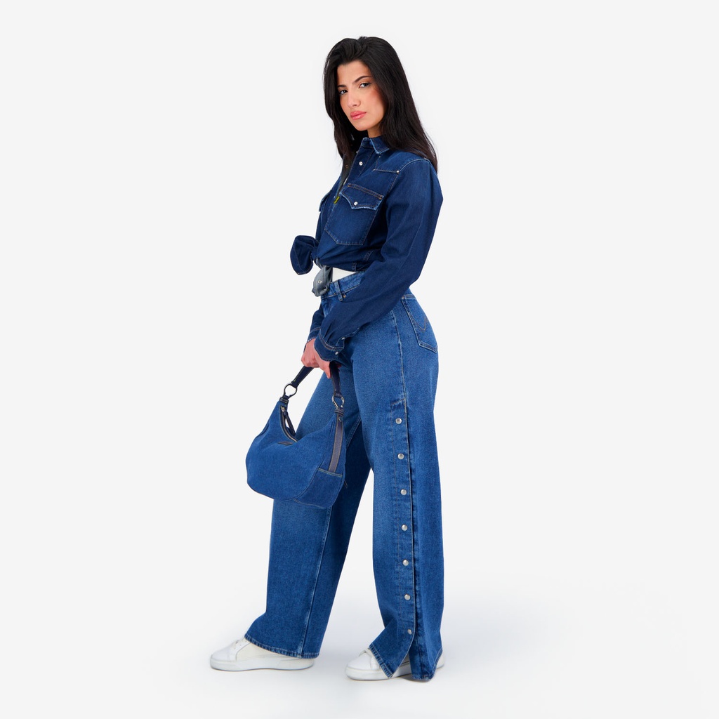 Wide leg jeans femme avec boutons pressions - WIDED