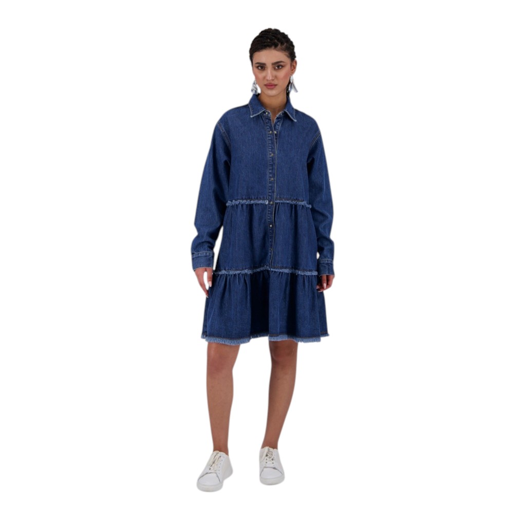 Robe chemise femme a volants en jeans- RAFLA