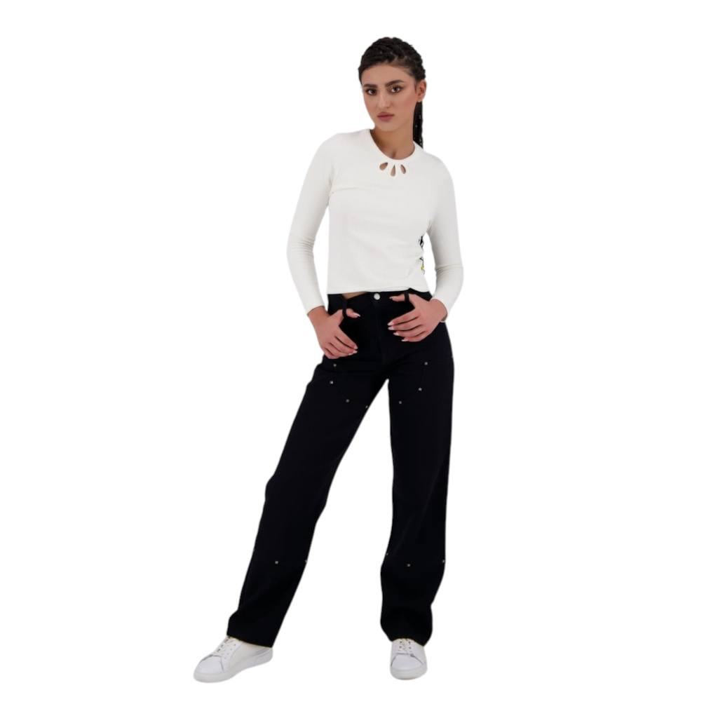 T-shirt côtelé femme manches longues avec cut out fleur