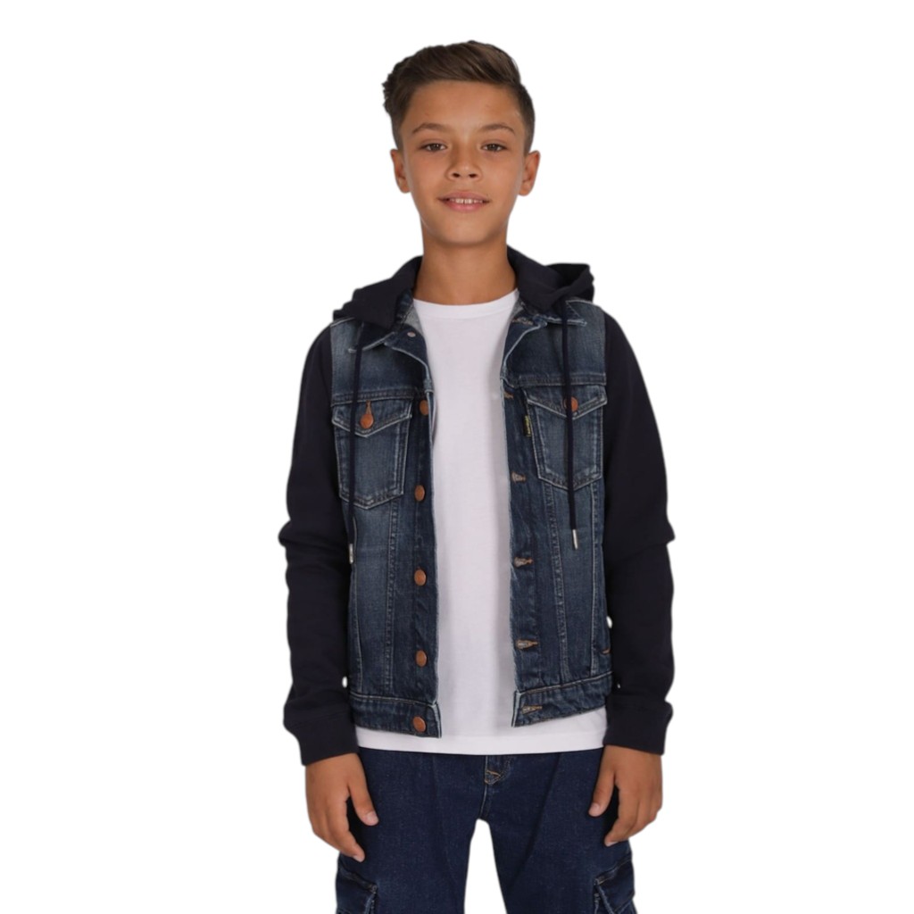 Veste unisexe en jeans avec manches et capuche en molleton