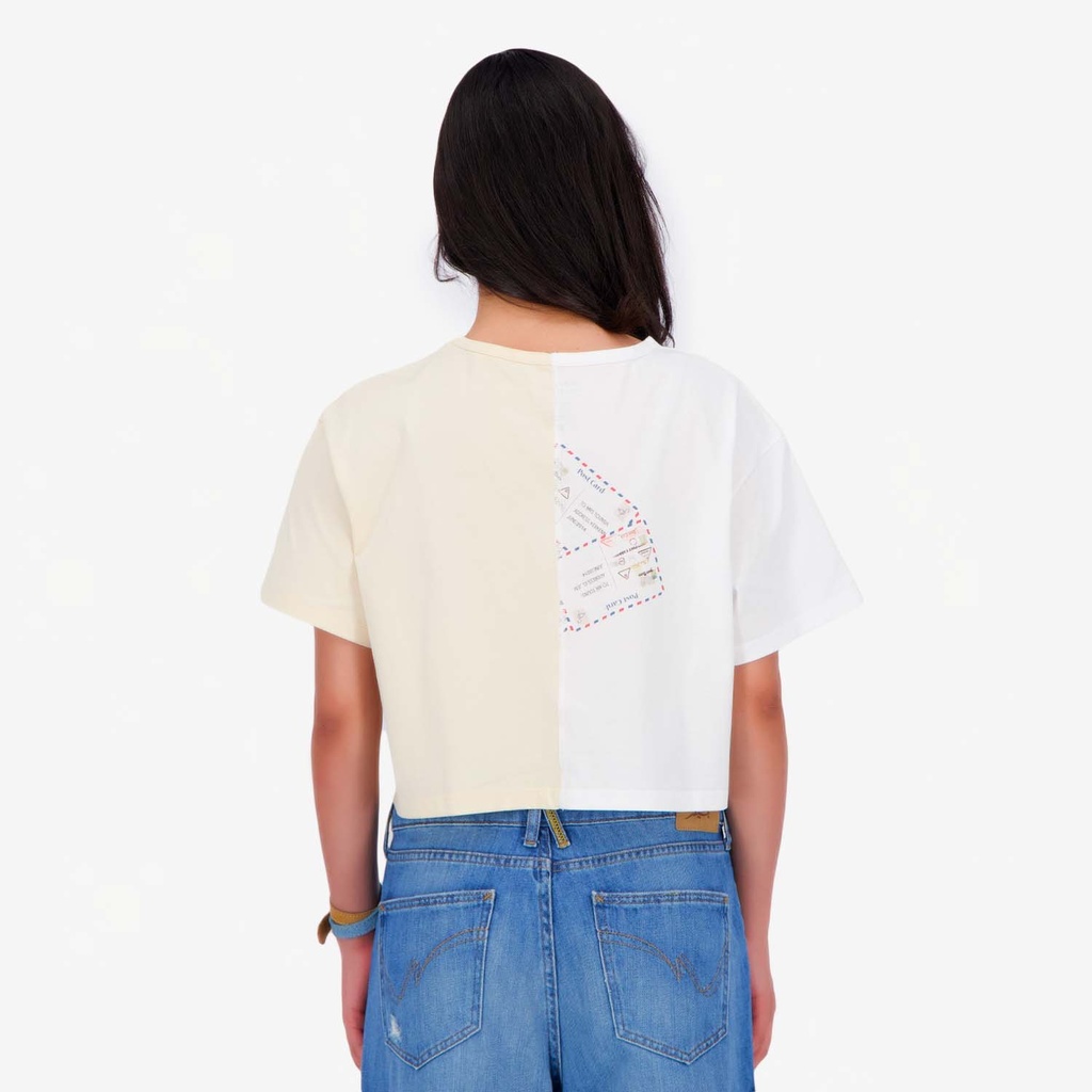 Upcycling t-shirt crop femme manches courtes POSTCARD &amp; WARNING VERSION 1
