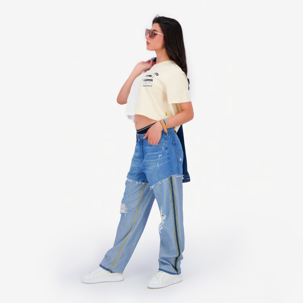 Upcycling t-shirt crop femme manches courtes POSTCARD &amp; WARNING VERSION 1