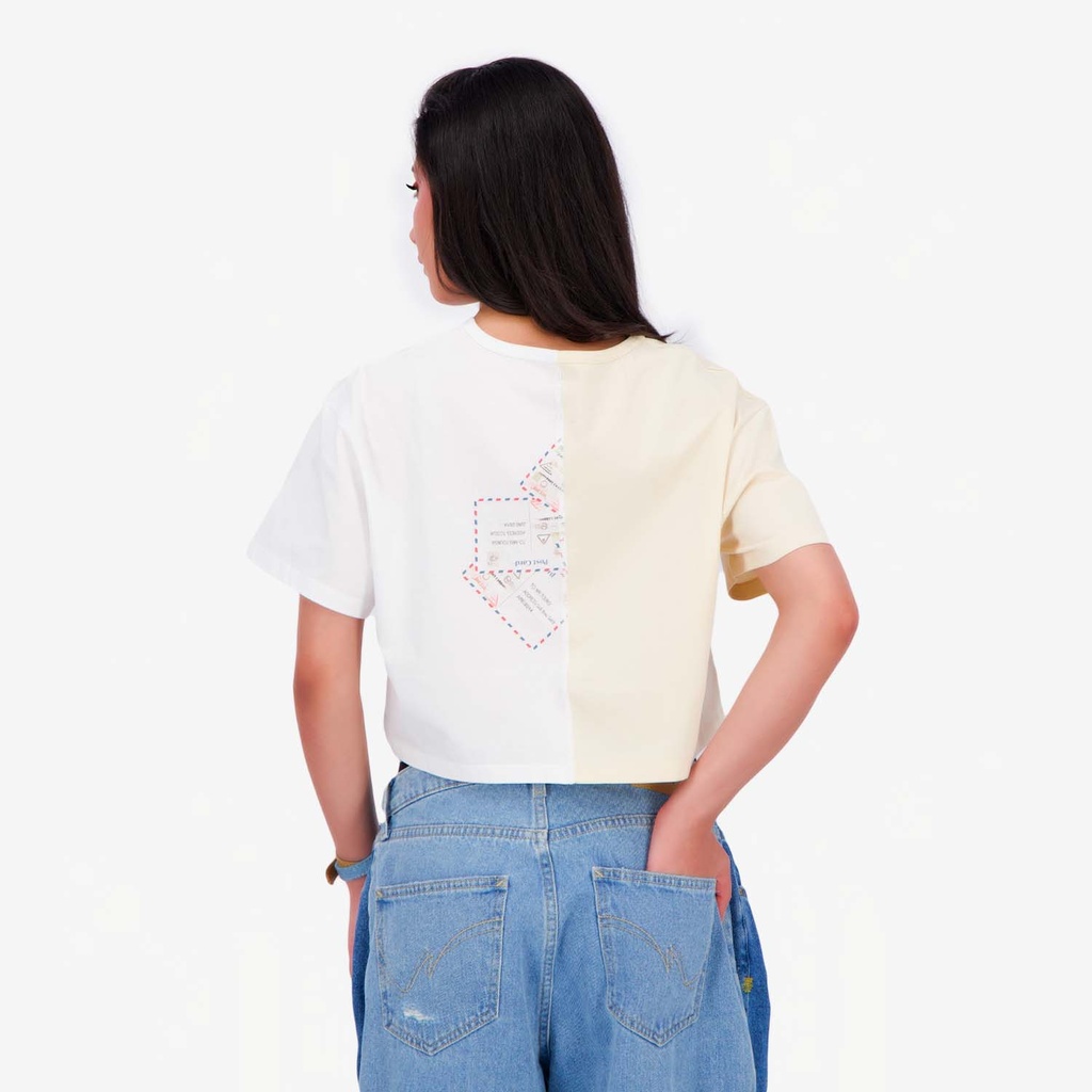 Upcycling t-shirt crop femme manches courtes POSTCARD &amp; WARNING VERSION 2