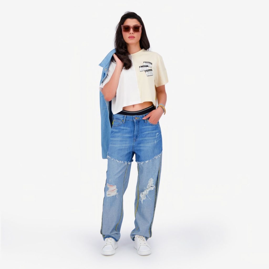 Upcycling straight jeans femme bi-couleur - SARRA
