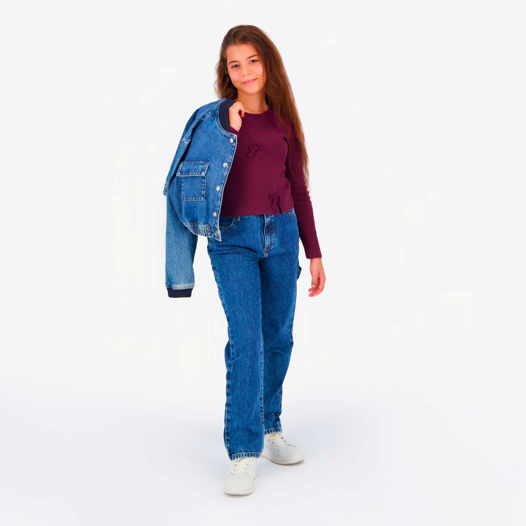 T-shirt côtelé fille manches longues avec noeuds