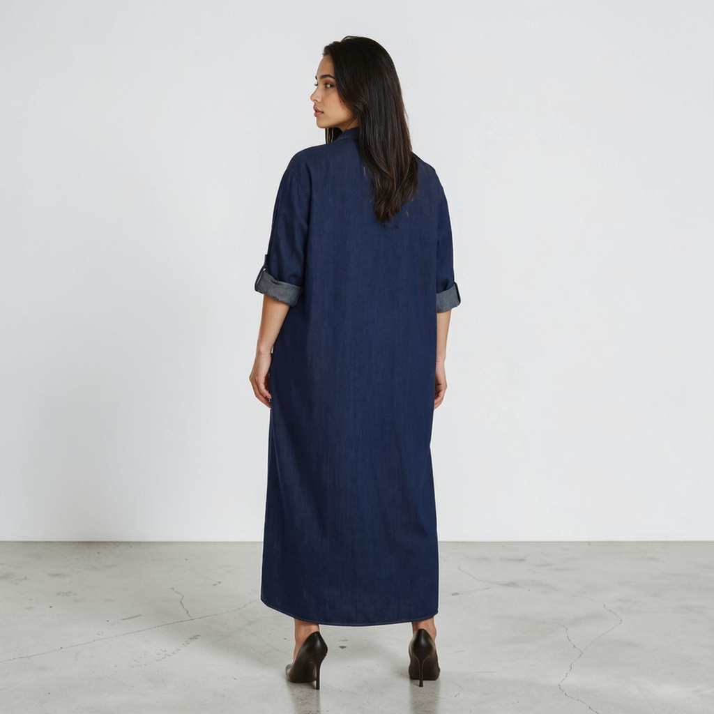 Robe chemise longue femme en jeans avec broderie