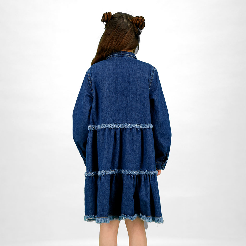 Robe chemise fille avec fleurs a volants en jeans