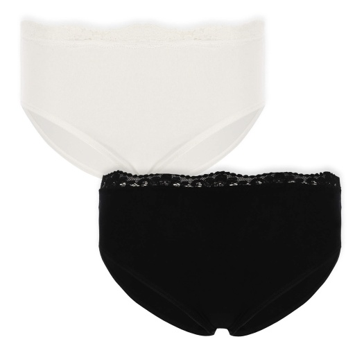 [05-010-38-001-K163-L] Lot de 2 slips taille mi-haute femme bords dentelle et coton stretch (Noir / Blanc, L)