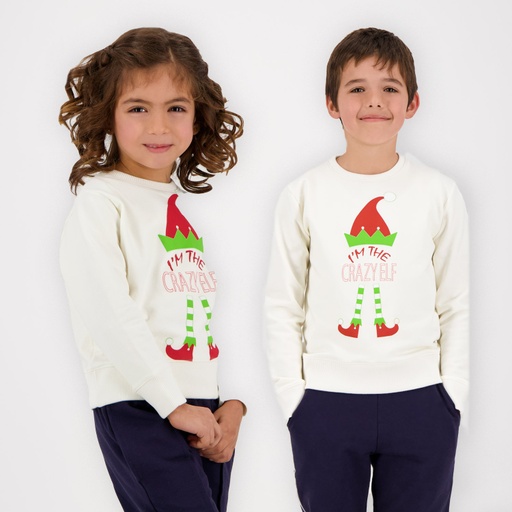 [05-010-36-014-K0100-10A] Sweat noel unisexe enfant CRAZY ELF (Blanc Cassé, 10A)