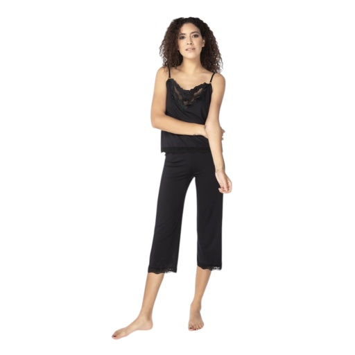 [05-010-16-098-K040-L] Ensemble femme bretelle et pantacourt avec dentelle (Noir, L)