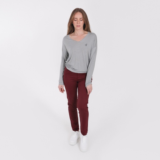 [05-010-02-435-K007-L] T-shirt col V femme manches longues avec broderie (Gris, L)