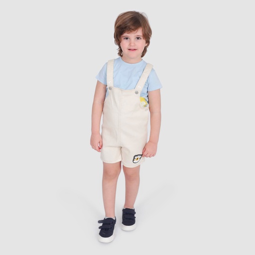 [01-010-24-002-K579-12M] Salopette short bébé en serge de coton avec patch TIGRE (Jeans Ecru , 12M)