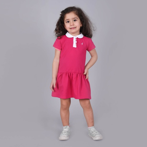 [05-010-17-049-K149-12M] Robe polo bébé manches courtes avec volant et broderie (Rose Fushia, 12M)