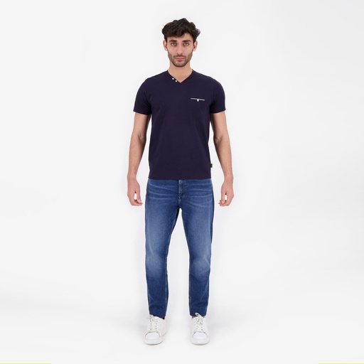 T-shirt homme manches courtes col tunisien et poche passepoilée (Bleu Marine, S)