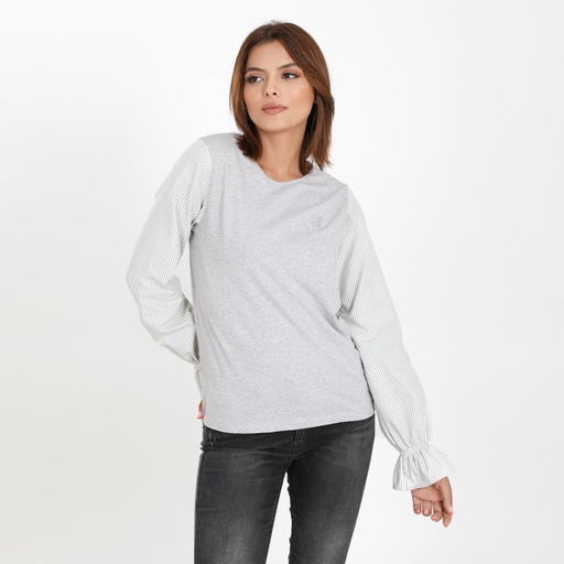 [05-010-02-500-K025-L] T-shirt femme avec manches en chaine et trame et broderie (L)