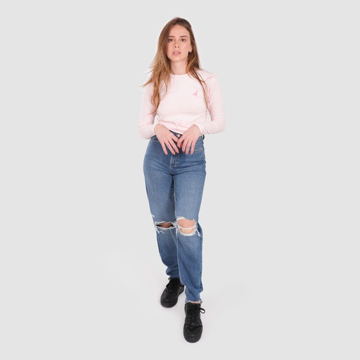 [05-010-02-143-K045-L] T-shirt femme nouée manches longues avec broderie (Rose Clair, L)