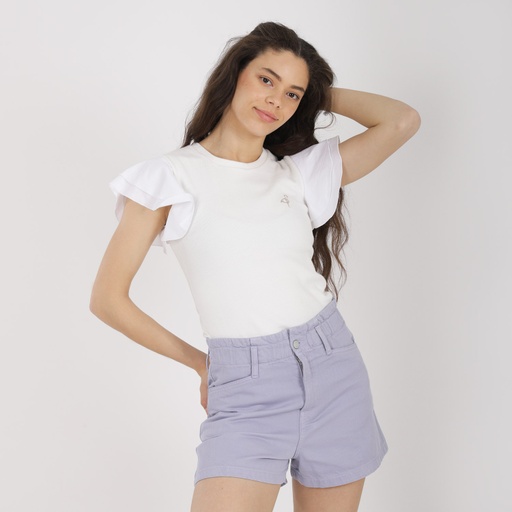 T-shirt côtelé femme manches à volant en chaine et trame
