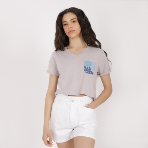 T-shirt crop femme manches courtes col V FLEUR
