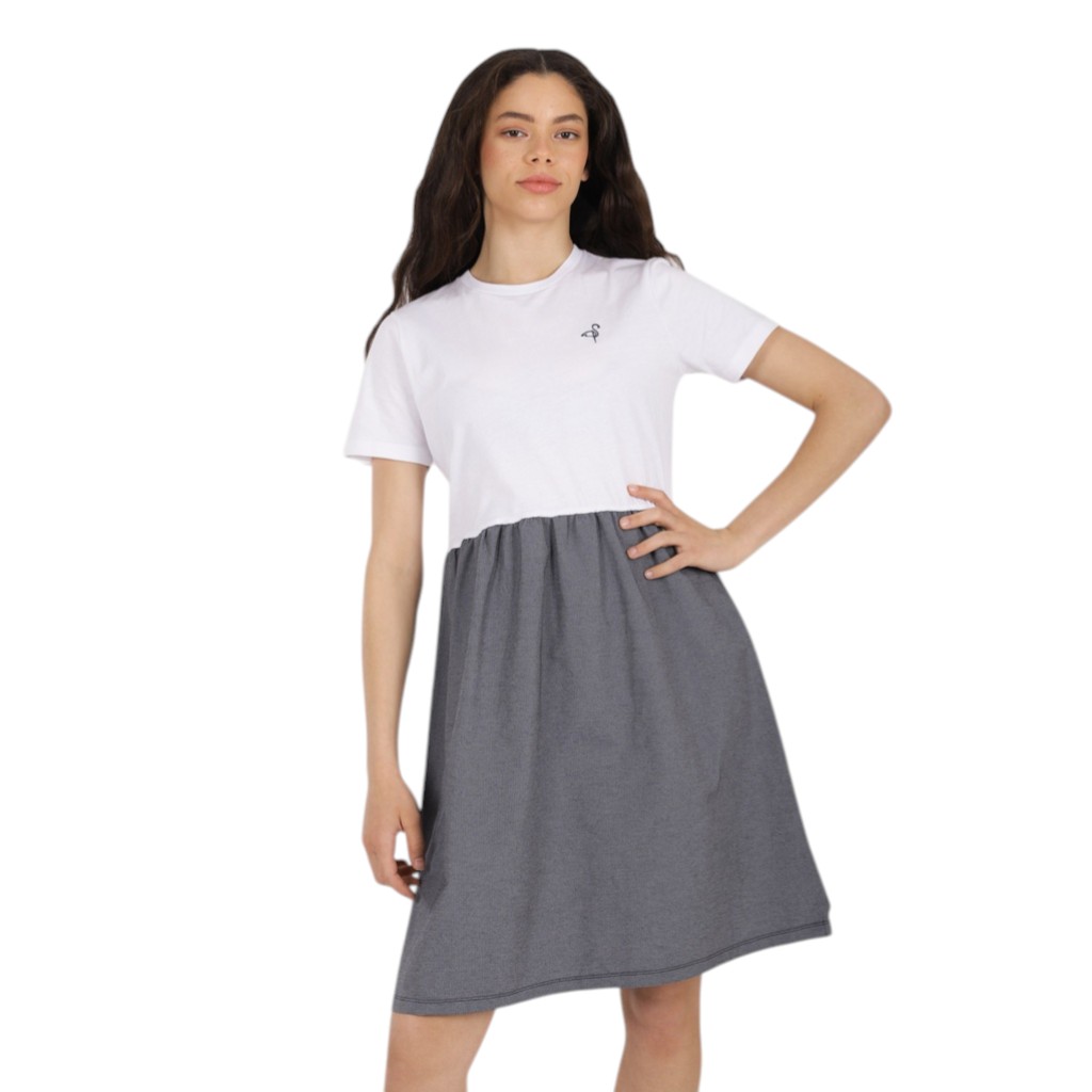 Robe midi femme manches courtes bi-matières