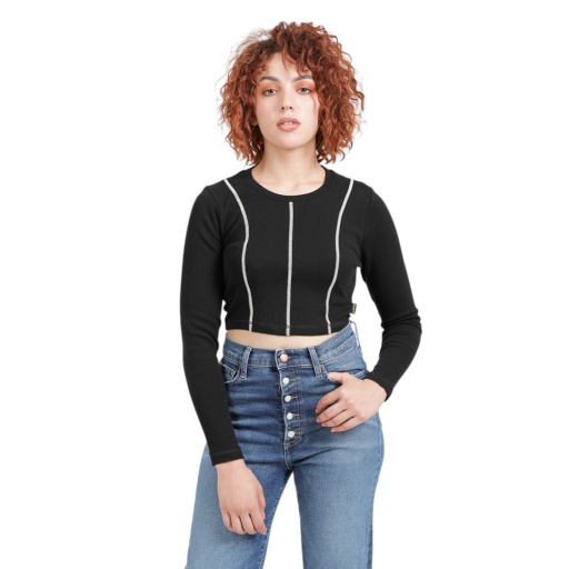 [05-010-02-264-K040-L] T-shirt crop côtelé femme manches longues avec flat lock (Noir, L)