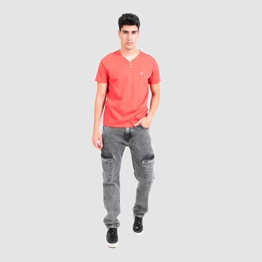 [05-010-02-249-K042-L] T-shirt homme manches courtes col tunisien avec broderie (Orange, L)