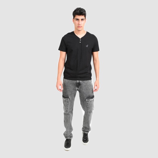 [05-010-02-249-K040-L] T-shirt homme manches courtes col tunisien avec broderie (Noir, L)