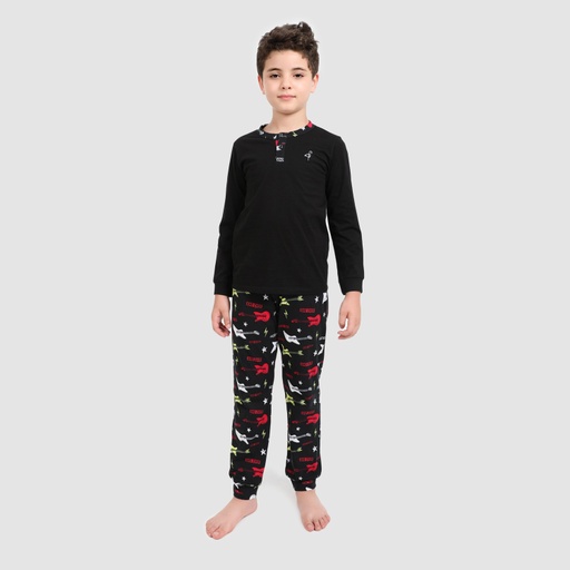 [05-010-16-229-K824-10/12A] Pyjama garçon manches longues avec patte boutonnage (Noir &amp; Imprimé Guitar, 10/12A)