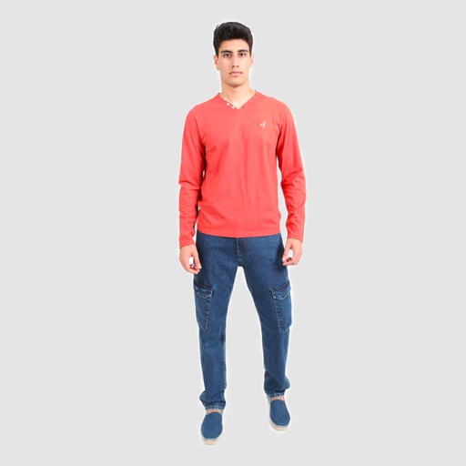 [05-010-02-250-K042-L] T-shirt homme manches longues col tunisien avec broderie (Orange, L)