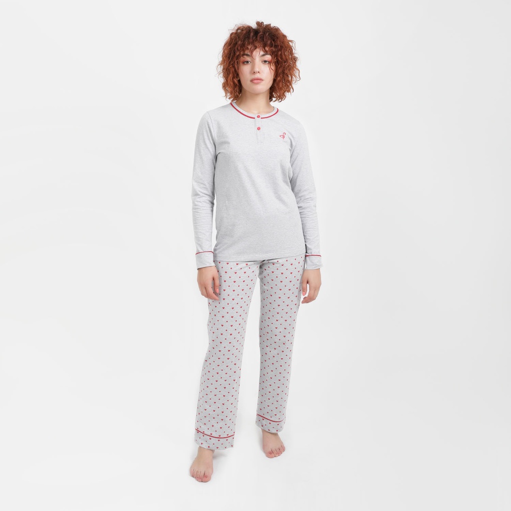 Pyjama femme manches longues avec patte boutonnée et pipping
