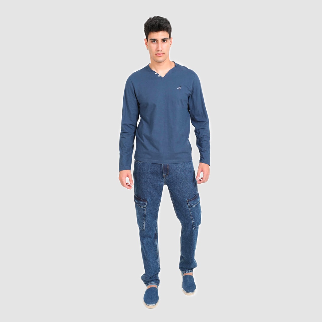 T-shirt homme manches longues col tunisien avec broderie