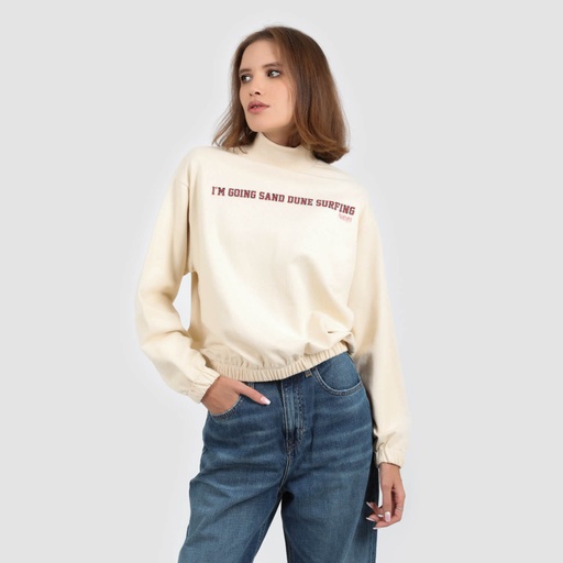 [05-010-36-128-K005-L] Sweat femme col cheminé I'M GOING SAND DUNE SURFING (Beige, L)