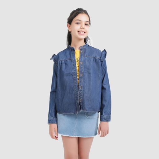 [01-010-09-065-K490-10-12ANS] Chemise col tunisien fille avec volant en jeans (Jeans  Bleu Foncé, 10-12A)