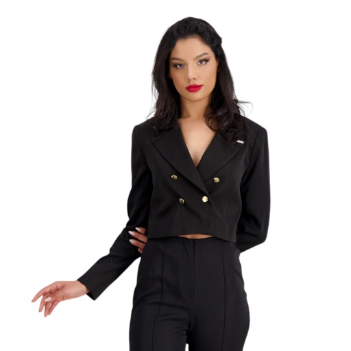 [01-010-108-001-K040-L] Blazer crop femme en chaine et trame (Noir, L)