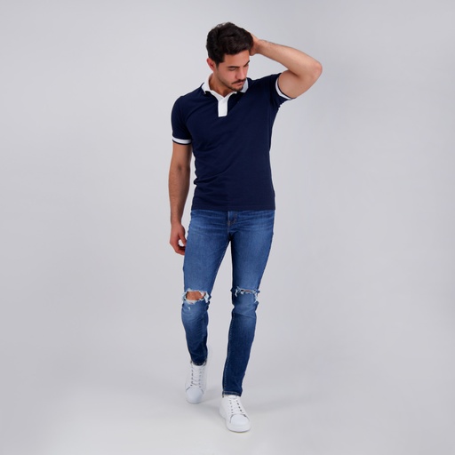 [05-010-15-058-K015-L] Polo homme manches courtes avec broderie et patte contrasté (Bleu Marine, L)