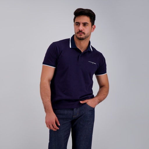 [05-010-15-059-K015-L] Polo homme manches courtes avec poche passpoilée (Bleu Marine, L)