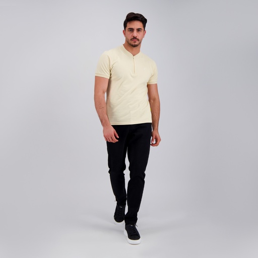 [05-010-15-060-K005-L] Polo col mao zippé homme manches courtes avec broderie (Beige, L)