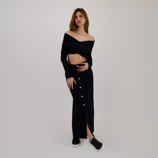 [05-010-59-007-K040-L] Top côtelé femme manches longues croisé (Noir, L)