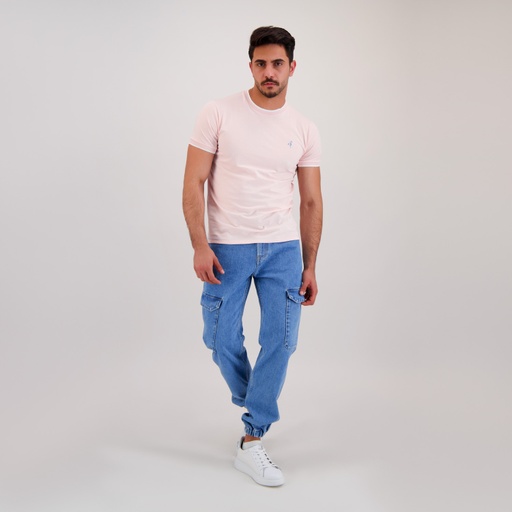 [05-010-02-565-K902-L] T-shirt homme manches courtes avec bande rectiligne et broderie (Rose Pastel, L)