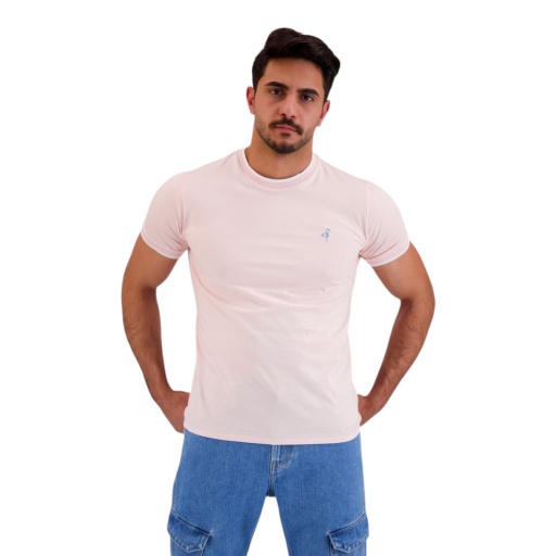 [05-010-02-565-K902-L] T-shirt homme manches courtes avec bande rectiligne et broderie (Rose Pastel, L)