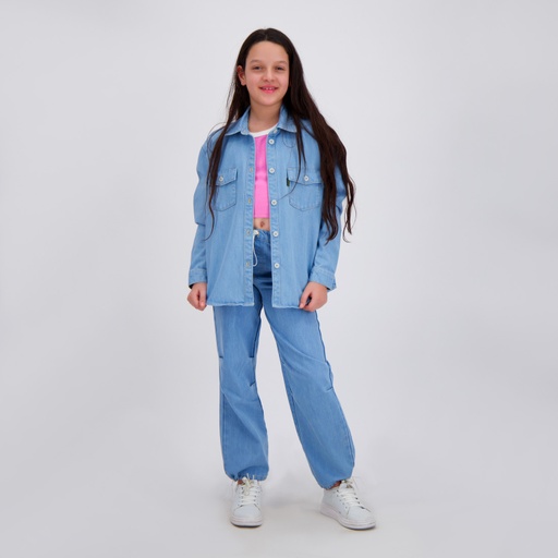 [01-010-09-075-K412-10-12A] Chemise oversized fille en jeans avec broderie sur le col (Jeans Bleu Clair, 10/12 A)