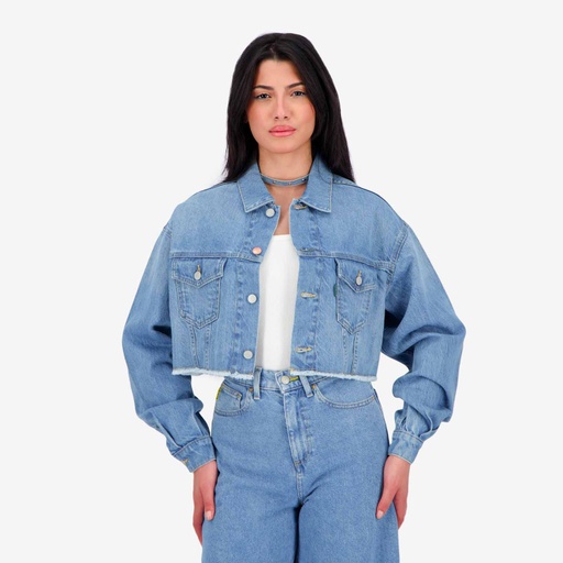 [01-010-10-046-K412-L] Cropped jacket femme en jeans - KINDA (Jeans Bleu Clair, L)