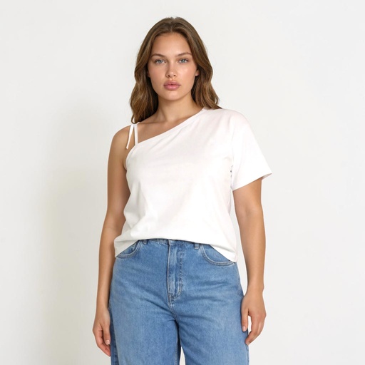 [05-010-02-596-K000-L] T-shirt femme manche dénudé avec broderie (Blanc, L)