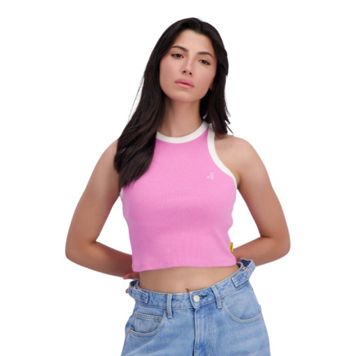 [05-010-59-010-K915-L] Top côtelé femme avec broderie (Rose &amp; Blanc cassé, L)