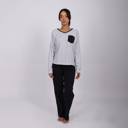 [05-010-16-224-K937-L] Pyjama femme col V manches longues avec poche (Bleu Marine &amp; Imprimé Feuille Bleu, L)